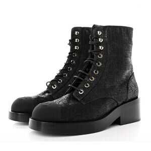 Chanel 2022 CC Logo Glitter Combat Boots Black Runway Virginie Viard 38.5